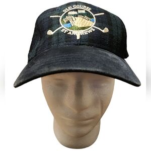 Vtg HTF Old Course St Andrews Gold Hat Green & Blue Plaid With Blue Suede Brim